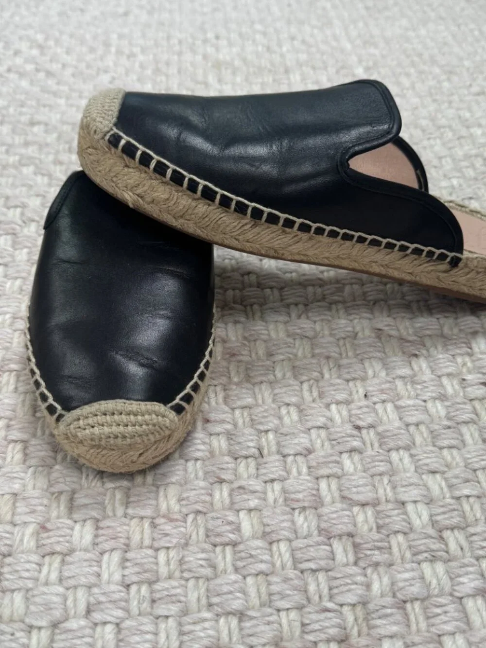 J. Crew Black Leather Slip On Espadrilles Flats Coastal Minimalist Size 7.5